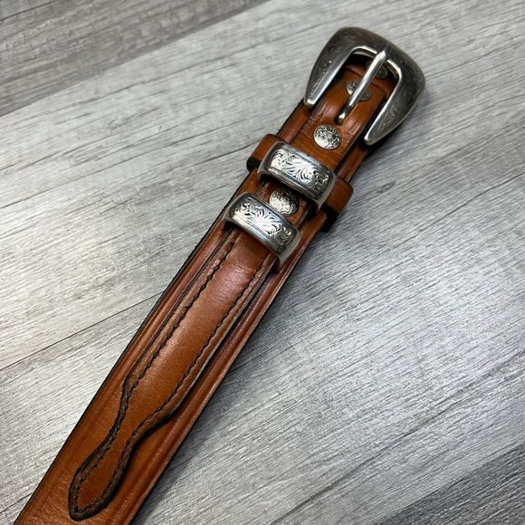 High Quality Leather Belt Brown Sliver Tone  45”-49” Western - Picture 4 of 8